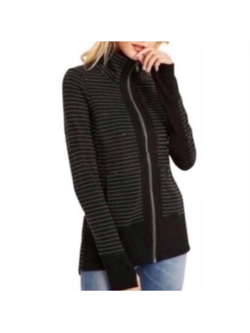 Cabi Black Gray Striped Full Zip Collared Sweatshirt Small
